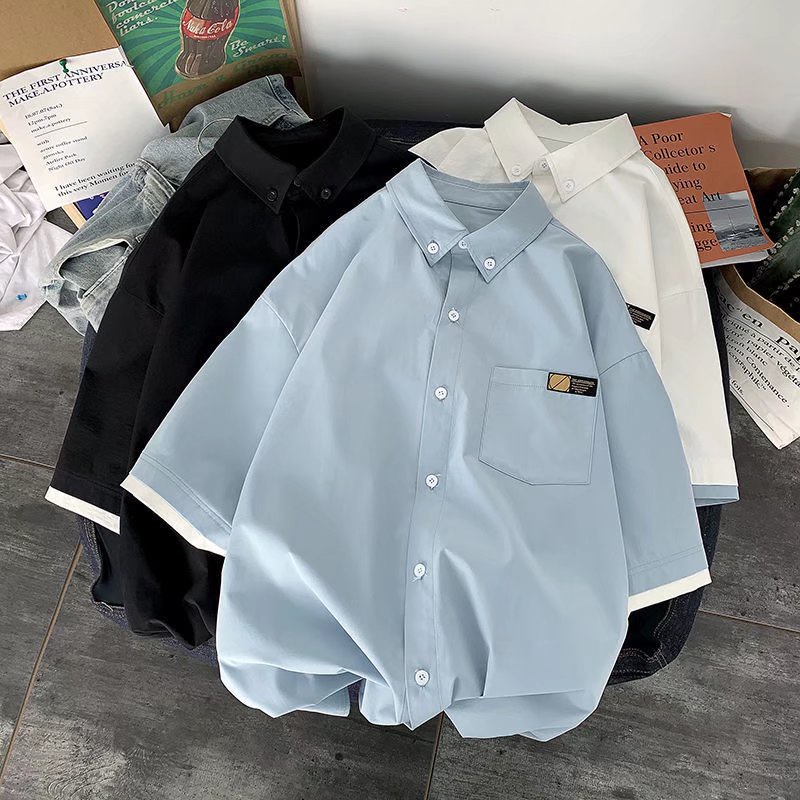 Áo Sơ Mi Giả 2 Lớp Tay Ngắn Dáng Rộng Phong Cách Hàn Quốc Cho Nam Giới