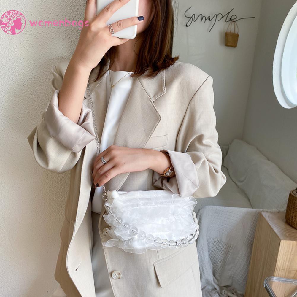 Túi đeo vai/ xách tay lụa satin lưới phối chuỗi dây hạt acrylic thanh lịch thời trang cho nữ | BigBuy360 - bigbuy360.vn