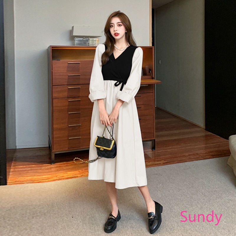 Đầm tay dài cổ chữ v thời trang mùa xuân phong cách hàn quốc cho nữ