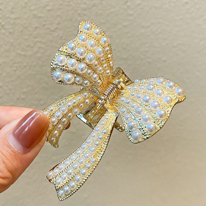 Kẹp Tóc Hình Nơ Bằng Kim Loại Đính Ngọc Trai Giả Thanh Lịch