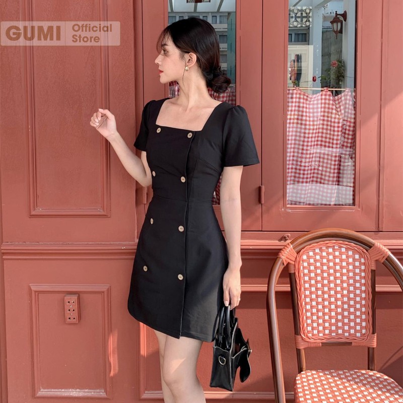 Váy nữ dự tiệc dáng chữ A cổ vuông tay phồng nút gỗ - Đầm dự tiệc Gumi trẻ trung sang trọng GM2073 | BigBuy360 - bigbuy360.vn
