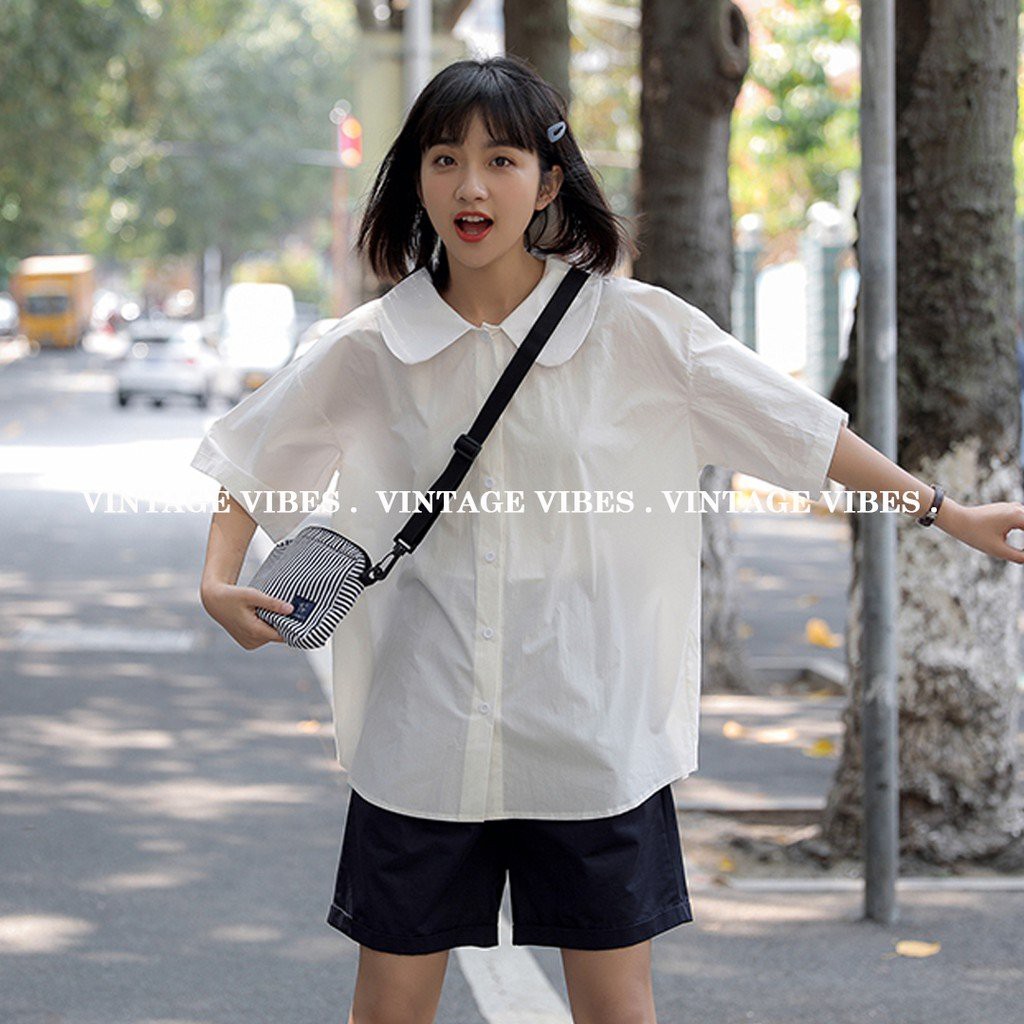 {KARUL} Áo sơ mi nữ ngắn tay cổ sen 2 màu xanh trắng HOTHIT. | BigBuy360 - bigbuy360.vn