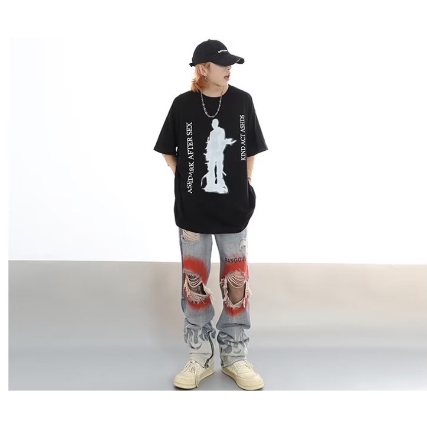 Quần Jean Dài Dáng Rộng Phối Rách Kiểu hip-hop Đường Phố Cá Tính Cho Nam Và Nữ