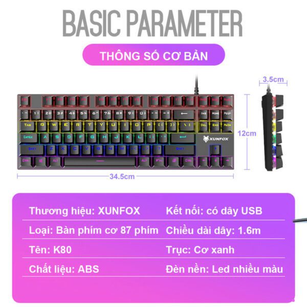 Bàn phím cơ gaming blue switch XUNFOX K80 loại 87 keys - hỗ trợ hơn 20 chế độ led (3 màu tuỳ chọn) Nhất Tín Computer