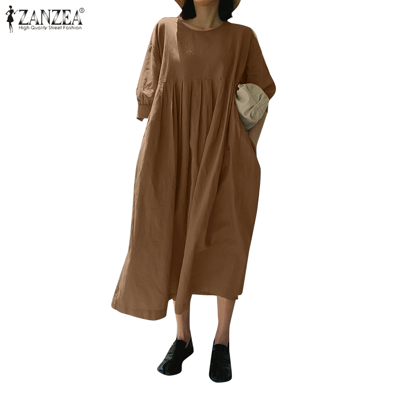 Đầm dài ZANZEA tay ngắn xếp ly màu đơn sắc giản dị cho nữ