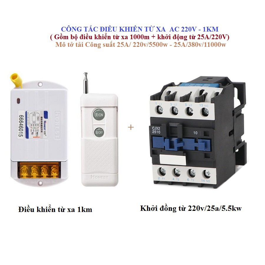 Bộ Công tắc điều khiển từ xa công suất lớn Honest HT-1km kèm khởi động từ 12A/18A/25A/220v/5500w