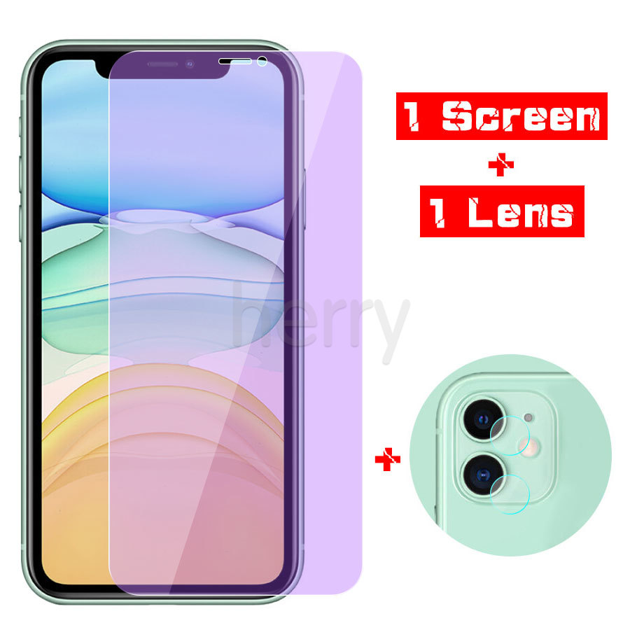 2 trong1 Chống Tia Sáng XanhMặt trước và Bảo Vệ Camera Kính Cường lực Bảo Vệ Màn Hình cho Iphone 13 12 Mini 11 Pro Xs Max Xr X 7 8 6 6s Plus Se 2020 bảo vệ mắt Miếng dán màn hình