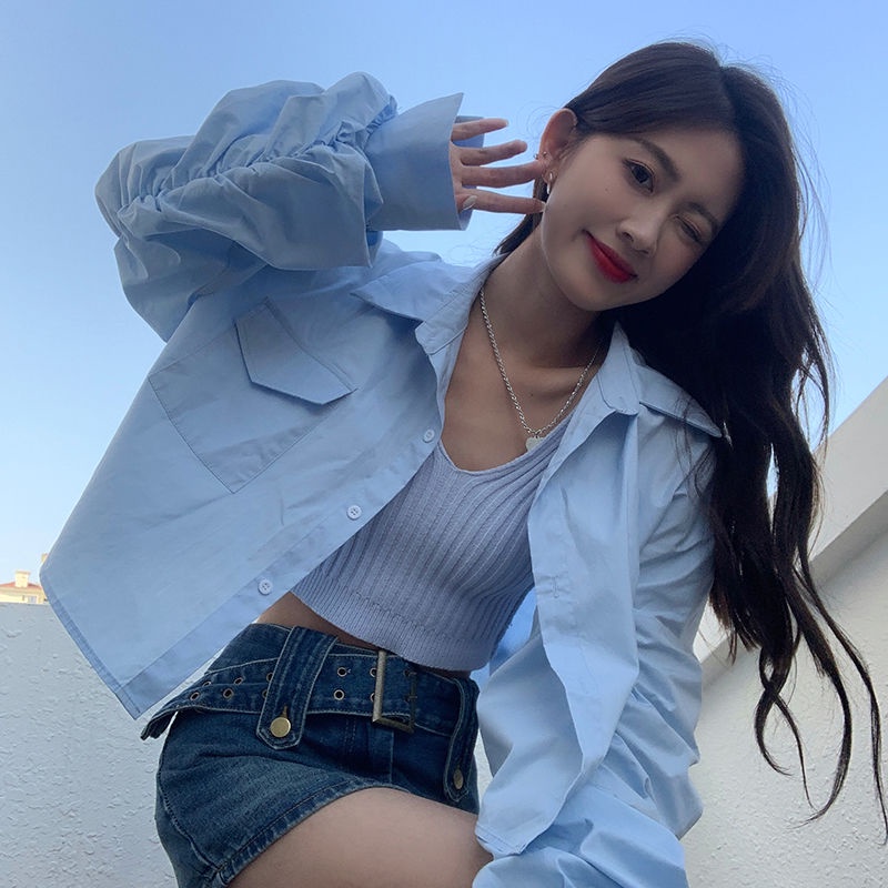 Áo Sơ Mi Tay Dài Dáng Rộng Màu Xanh Thời Trang Phong Cách Hàn Quốc Cho Nữ