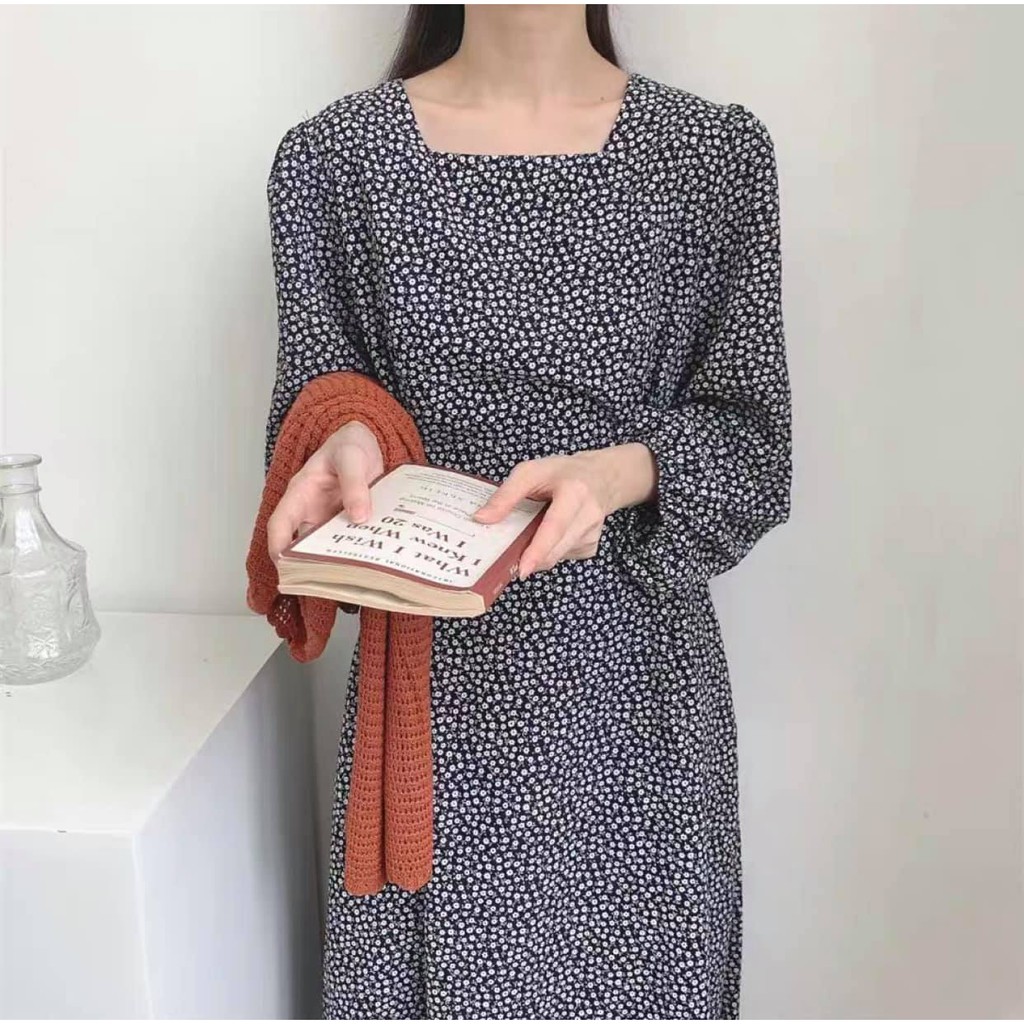 Váy trễ vai Ulzzang, váy cổ vuông kẻ tay bồng tiểu thư | BigBuy360 - bigbuy360.vn