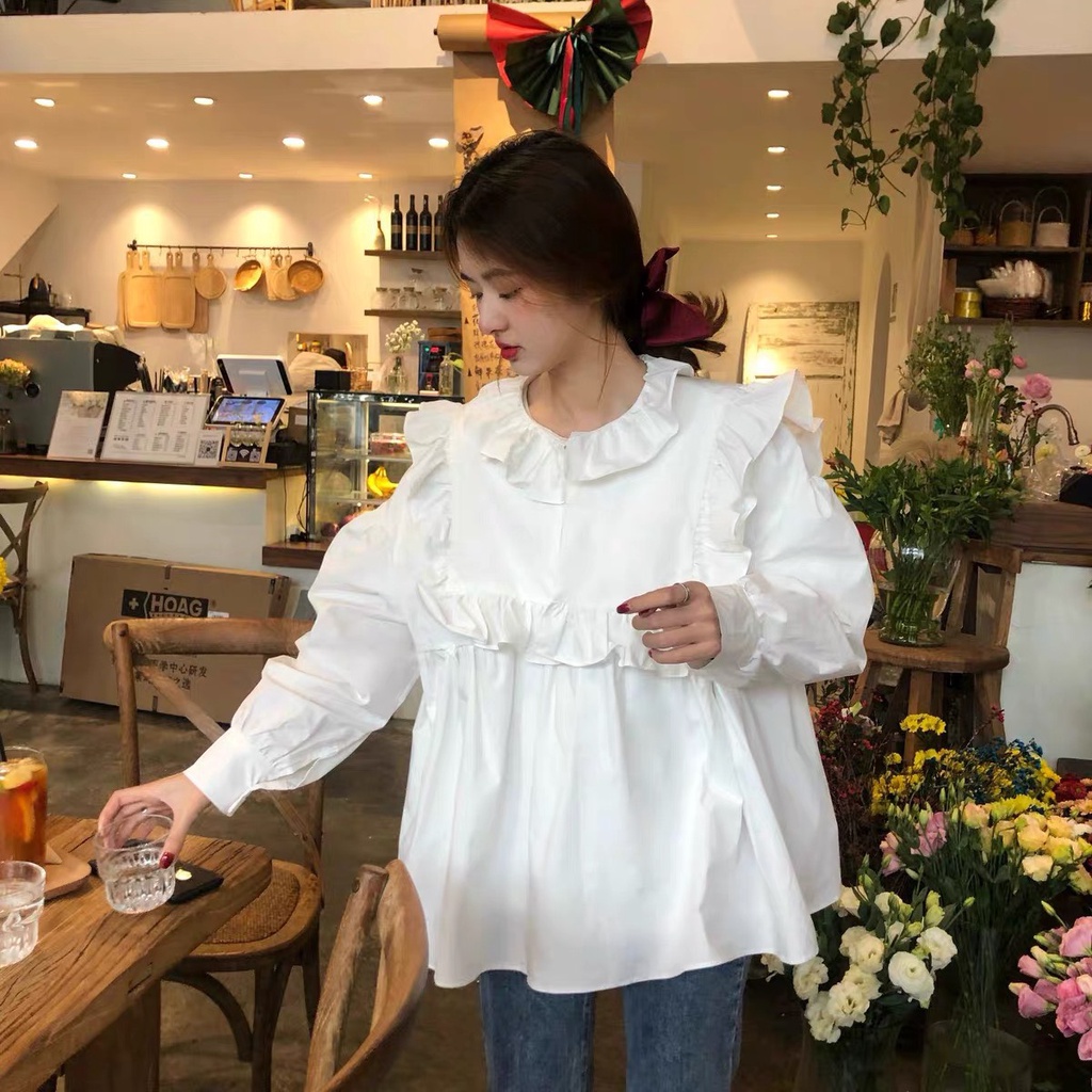 Áo sơ mi trắng form rộng babydoll cổ bèo tay phồng kiểu Hàn Quốc, babydoll trắng phối bèo tay phồng dễ thương
