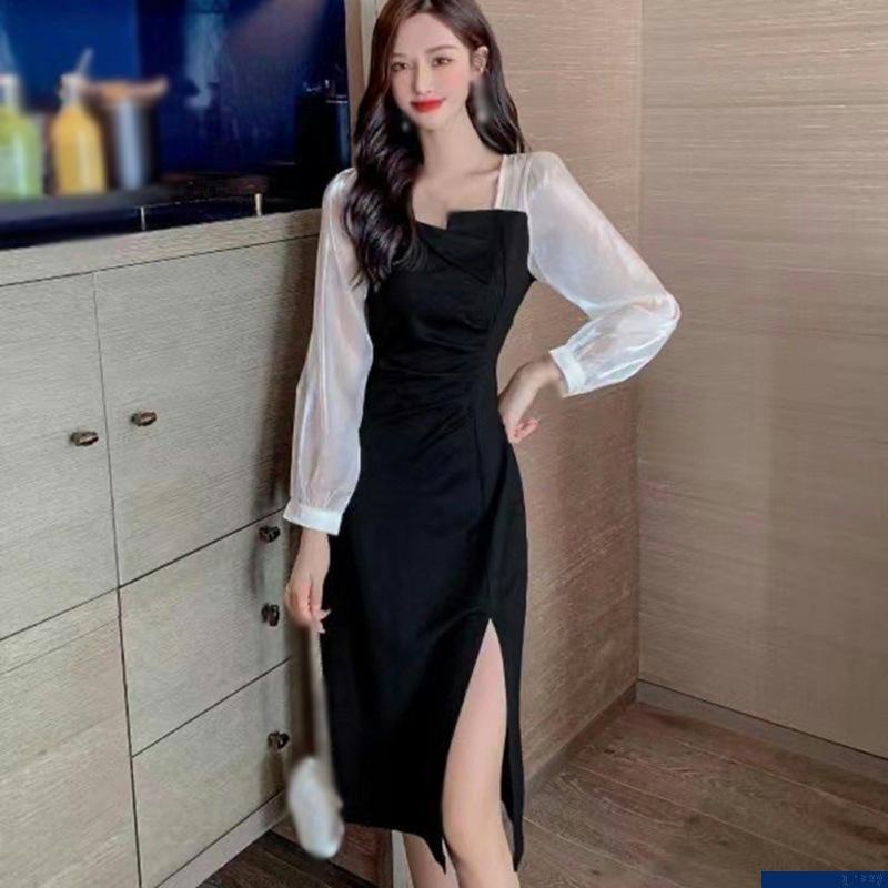 Đầm maxi dài tay phối lưới thiết kế xẻ tà phong cách Hàn quốc quyến rũ cho nữ