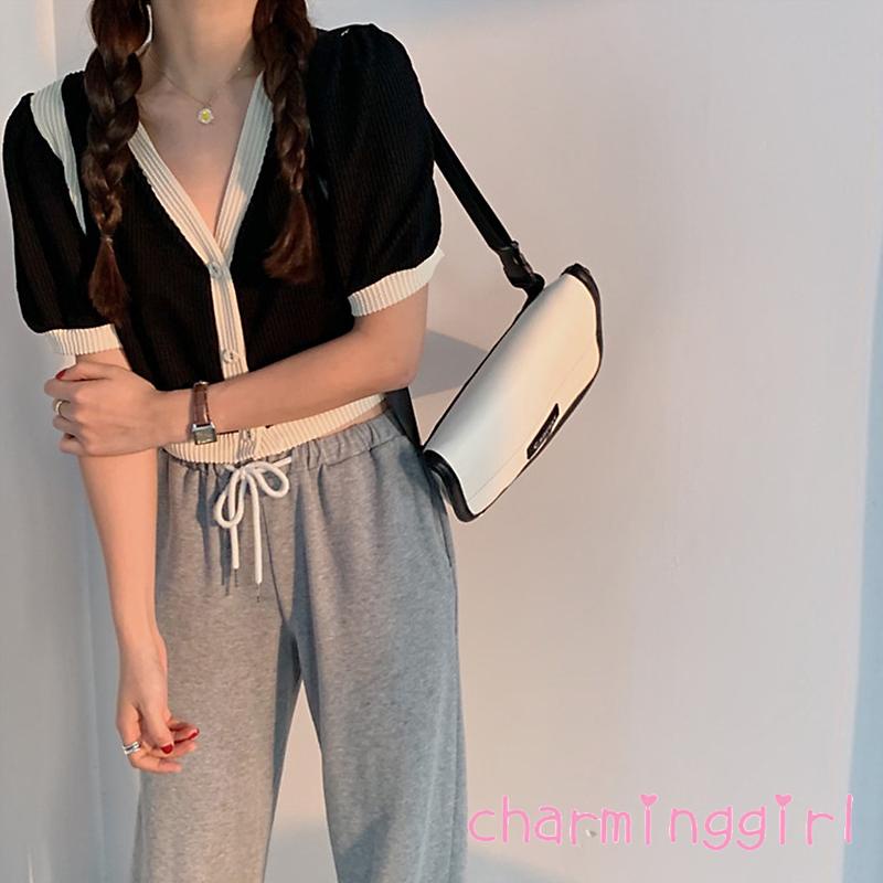Áo cardigan dệt kim tay phồng cổ chữ V cài nút màu sắc tương phản thời trang cho nữ