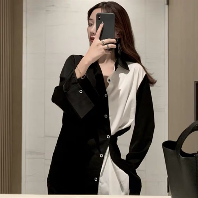 (Order) L-4XL - Áo sơ mi mặc nhiều kiểu đen trắng cá tính