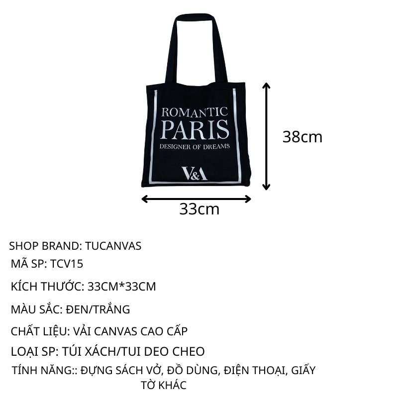Túi tote vải bố, túi vải canvas đeo vai giá rẻ, có khóa bấm miệng và túi phụ, in hình ROMANTIC PARIS TUCANVAS TCV12