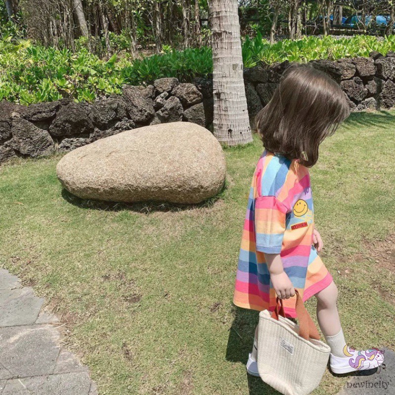 Đầm dáng suông họa tiết sọc cầu vồng thời trang xinh xắn năng động cho bé gái