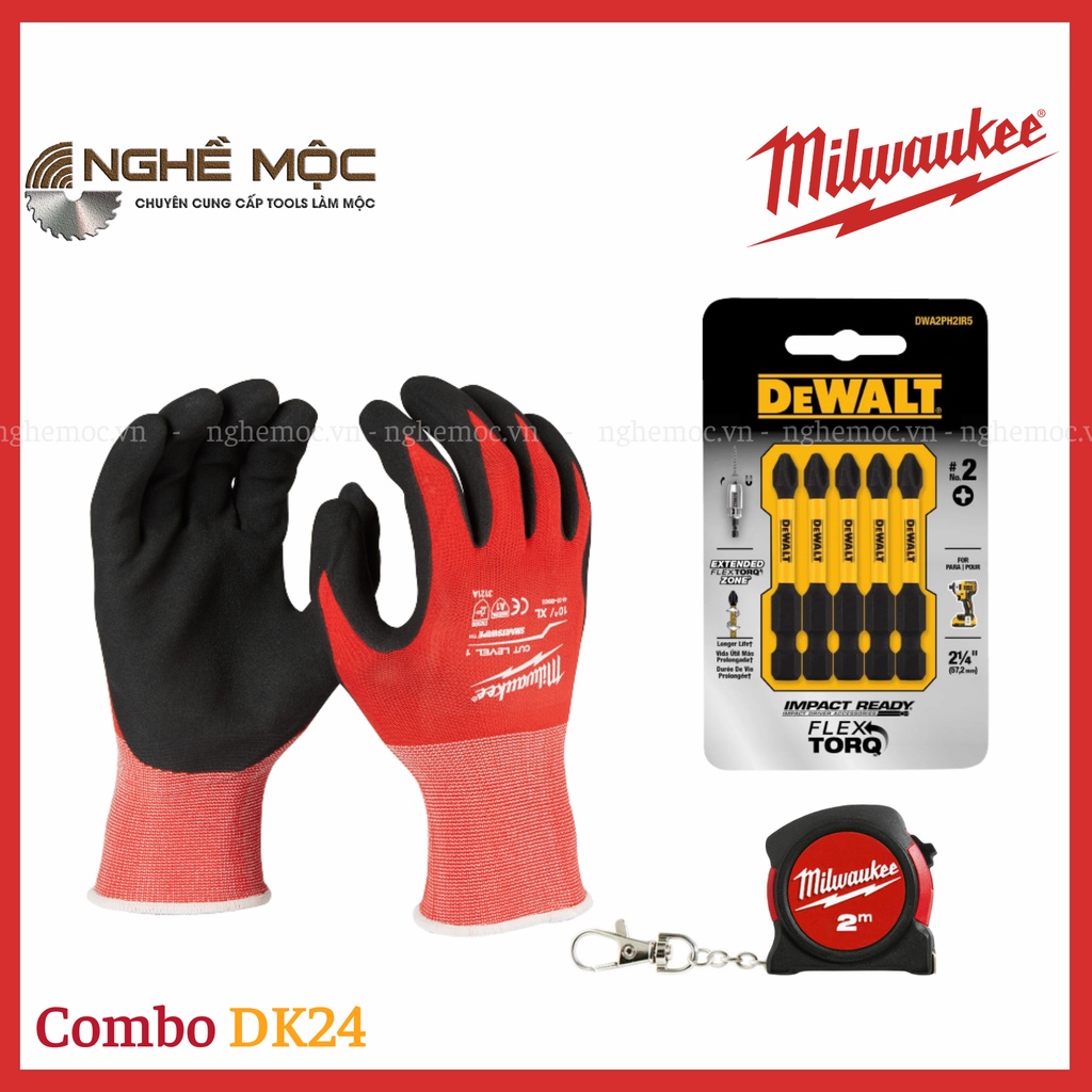 Combo Milwaukee đầu chuyển găng tay chống cắt mũi bắt vít Nghề Mộc