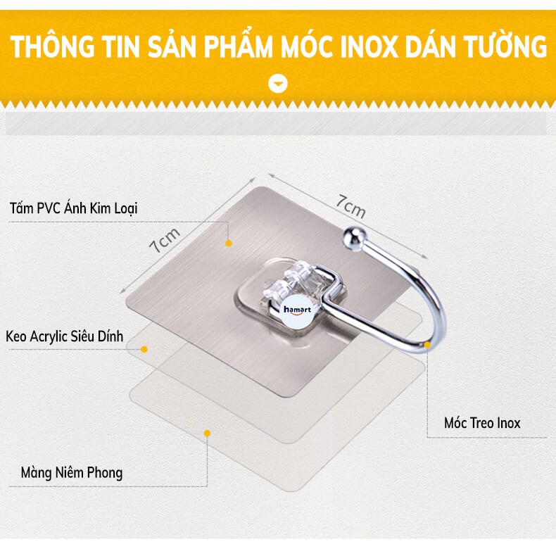 [BẢN LỚN] Móc Inox Dán Tường Chịu Lực 15KG Hamart Móc Treo Đồ Nặng Dán Tường Chất Lượng Cao