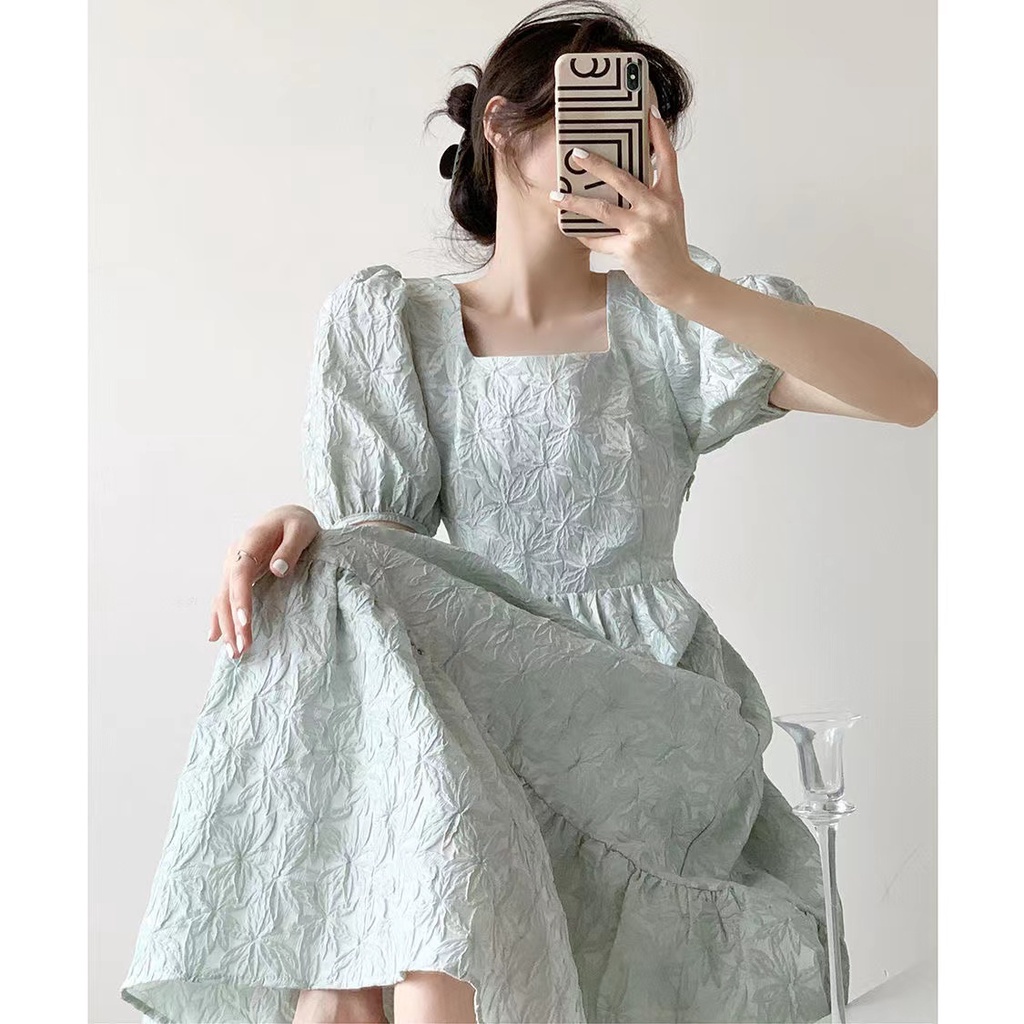 Đầm maxi Tay Ngắn Phồng Cổ Vuông Thời Trang Hàn Quốc Mới