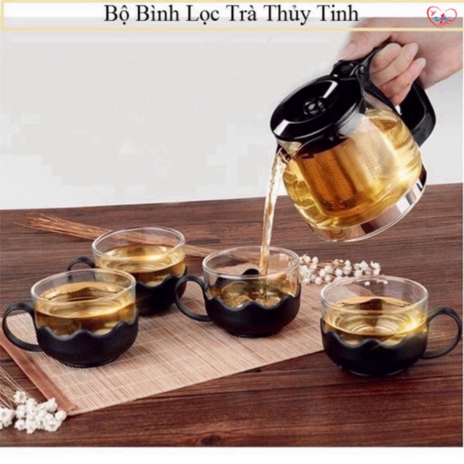 bộ ấm pha trà thủy tinh dung tích 1l có lõi lọc kèm 4 ly thủy tinh