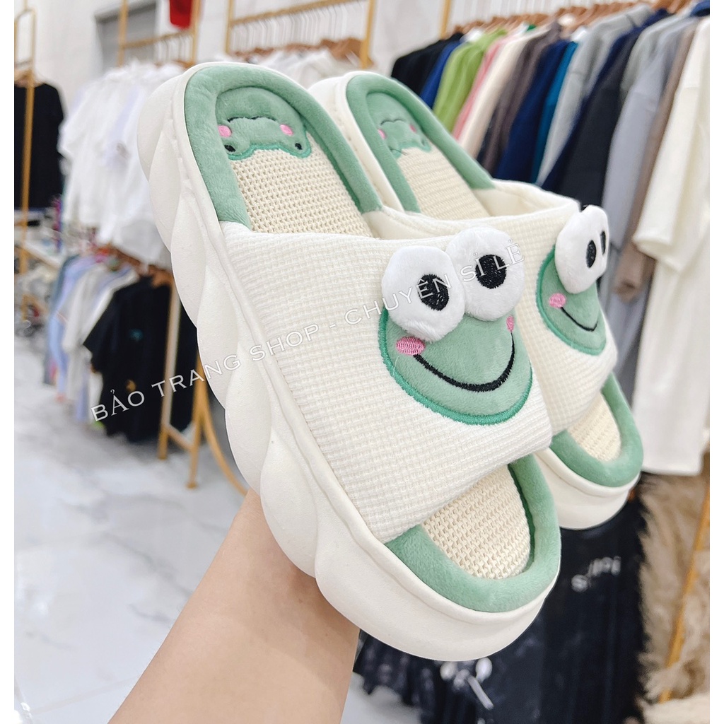 Dép bánh mì nữ, dép phối vải thêu hình con ếch củ cà rốt đế độn siêu nhẹ chất liệu EVA size kép 36-41