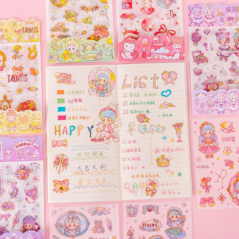 Sét 4 tấm sticker cute dán trang trí sổ tay chủ đề 12 chòm sao