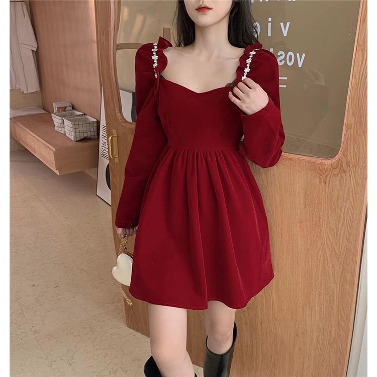 Váy Nhung Tay Dài Nữ, Đầm Xòe Cổ Vuông Vai Viền Ren Chất Nhung Dày Dặn Màu Đen, Đỏ, Váy Tiểu Thử Phong Cách Huyền Bí, Sa | BigBuy360 - bigbuy360.vn