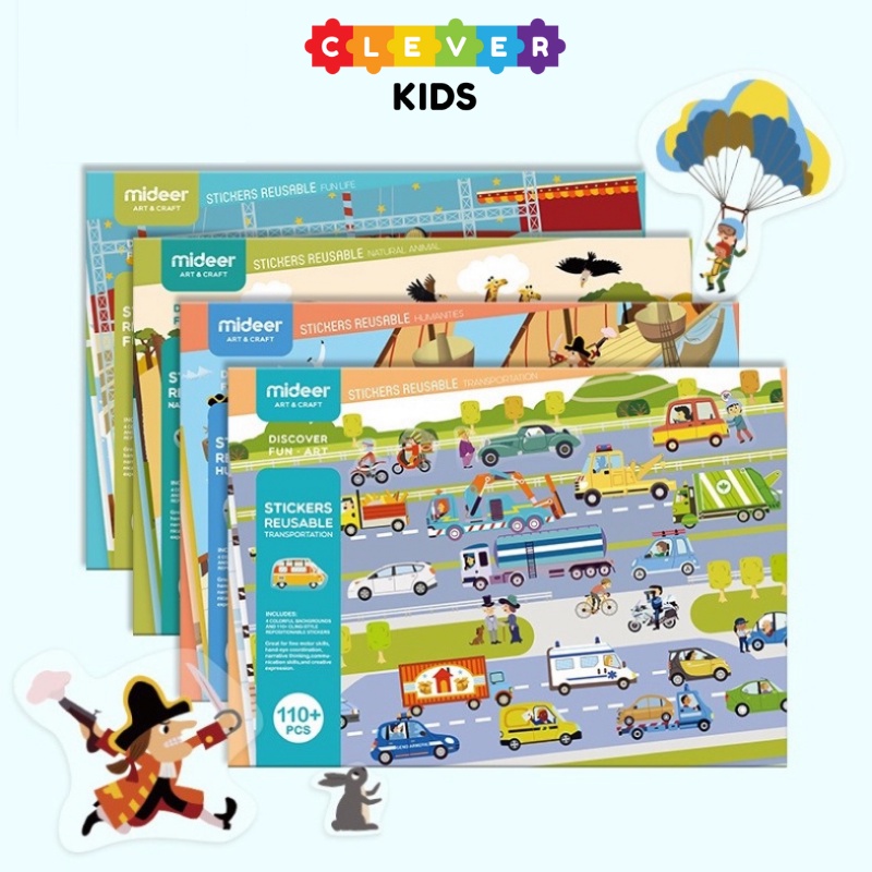 Bộ Trò Chơi Bóc Dán Hình Nhiều Lần Mideer Reusable Sticker Chủ Đề Động Vật Và Giao Thông Cho Bé 3+ Tuổi - Clever Kids