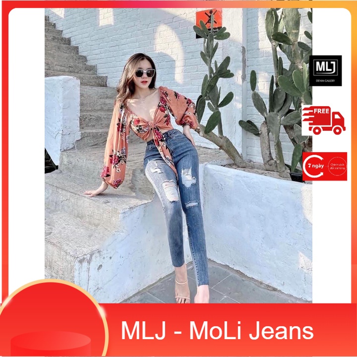 Quần jean dài lưng cao BIGSIZE Lưng cao, Rách ít, co dãn mạnh rẻ đẹp dành cho người béo 4190 MLJ Moliruan