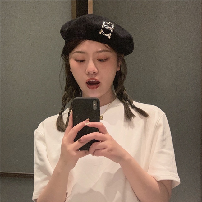 Mũ beret màu đen bằng cotton lanh thời trang phong cách retro Nhật Bản cho nữ