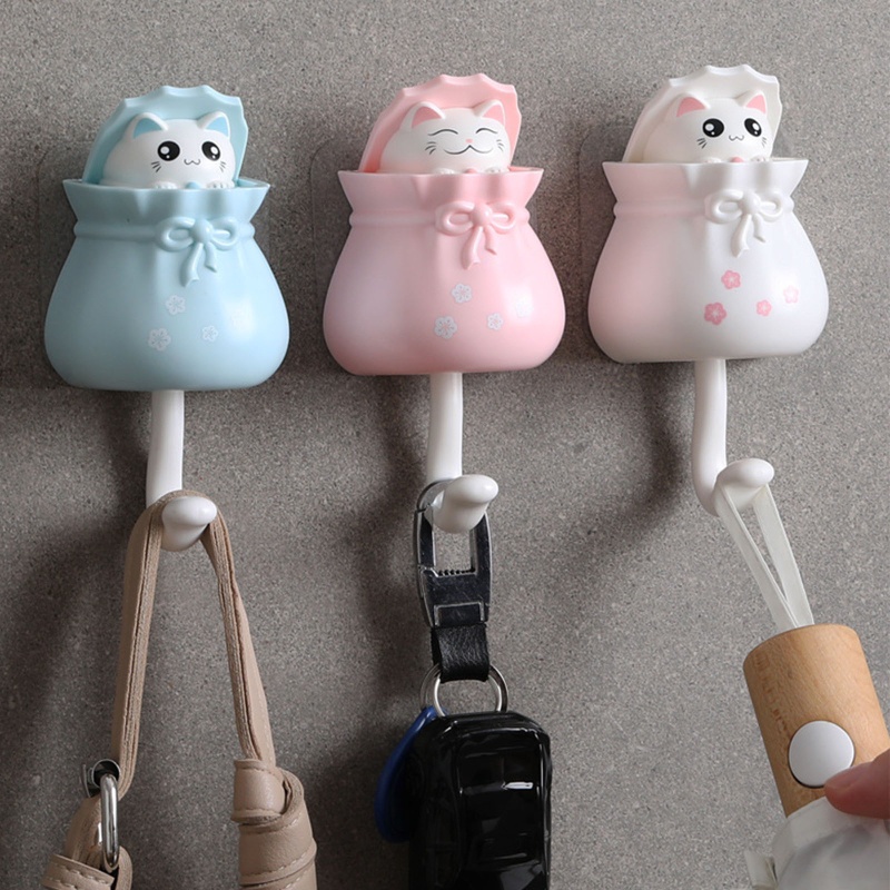 Móc Treo Chìa Khóa / Mũ / Khăn Tắm Hình Mèo Hoạt Hình Gắn Tường Sắp Xếp Gọn Gàng Cho Nhà Ở