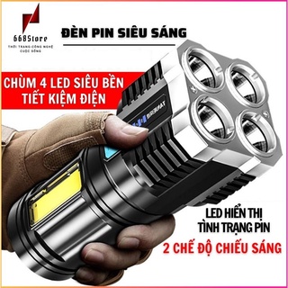 Đèn pin siêu sáng 4 bóng led, đèn cầm tay chiếu xa Led siêu bền, kèm dây sạc, sạc qua cổng usb tiện lợi