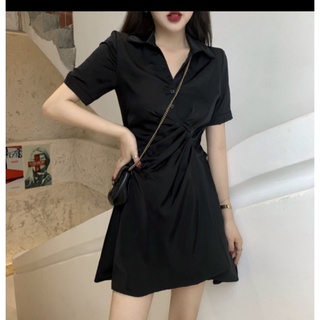 Đầm váy đen nữ ngắn kiểu sơ mi dạo phố công sở trẻ trung đơn giản