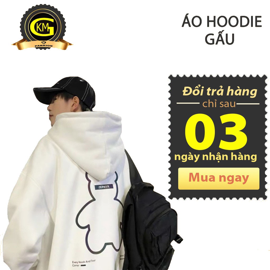 Áo nỉ hoodie gấu hai màu đen trắng form rộng