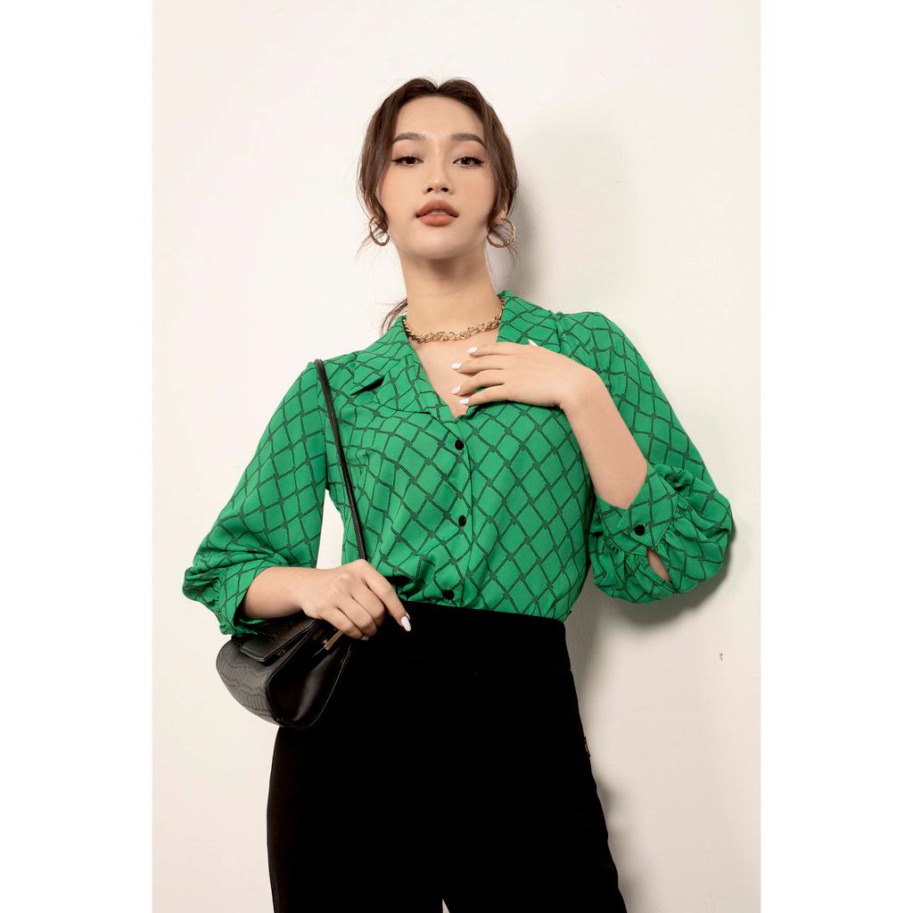 Áo sơ mi kẻ, cổ vest, dáng rộng MMOutfit M-AO071121243