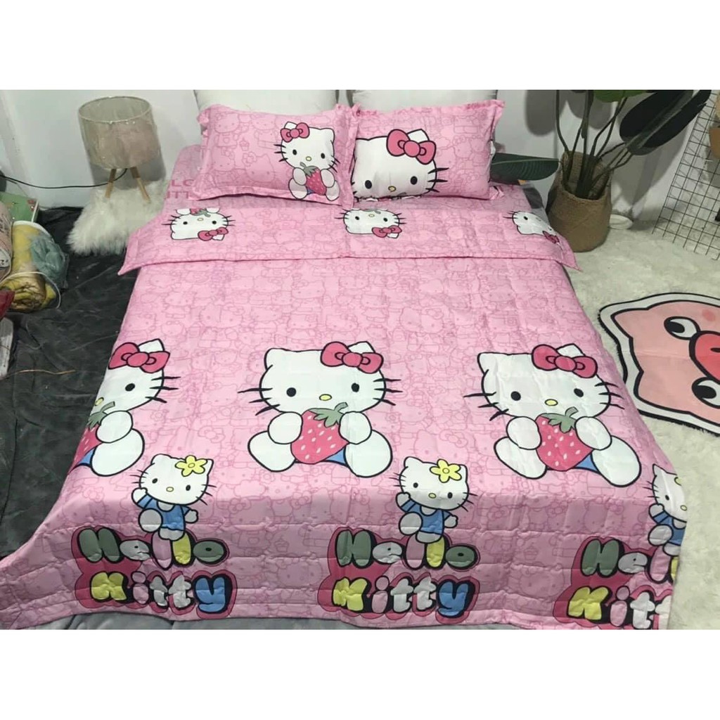 Mẫu Mới Combo 5 Món Chăn Ga Gối Cotton Poly Hello Kitty Ôm Dâu