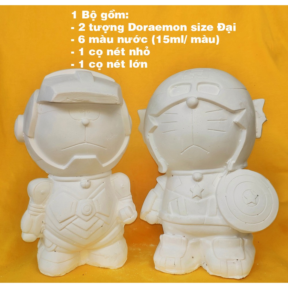 Bộ 2 tượng DORAEMON IRON MAN + CAPTAIN MỸ cỡ ĐẠI , tượng thạch cao tô màu cho bé kèm 6 màu nước và 2 cọ