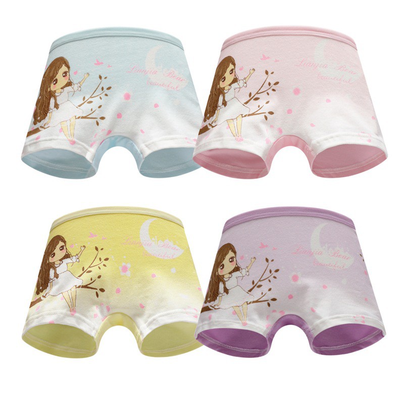 Combo 4 Quần chip đùi, quần lót cotton họa tiết búp bê đáng yêu cho bé gái,  4 màu, SIZE 4-6 tuổi