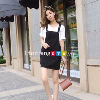 FS dưới 55kg Váy yếm jean đen trơn giãn