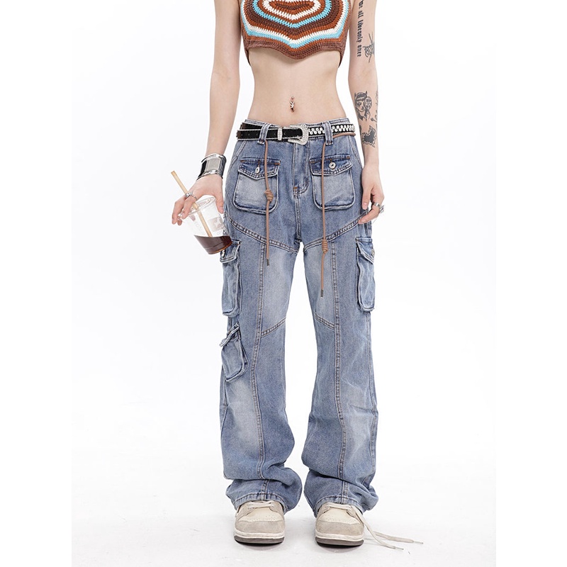 Quần Yếm Jeans Lưng Cao Nhiều Túi Phong Cách Retro Mỹ Cho Nữ