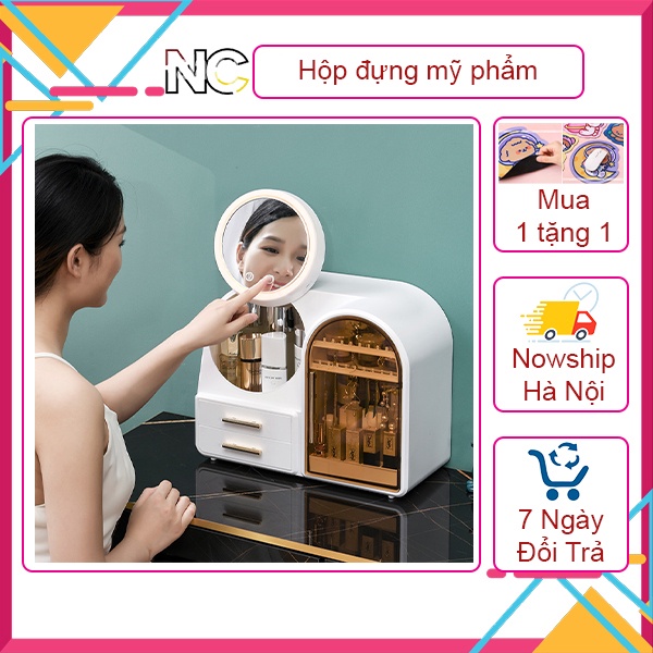 Hộp đựng mỹ phẩm có gương đèn led cao cấp có quạt thổi bụi, kệ đựng đồ trang điểm nhiều ngăn tiện ích