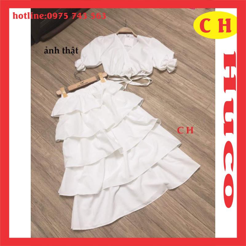 sét váy nữ năm tầng đi biển, đầm tiểu thư màu basic, áo croptop + chân váy xòe siêu xinh, phong cách hàn form chuẩn ảnh