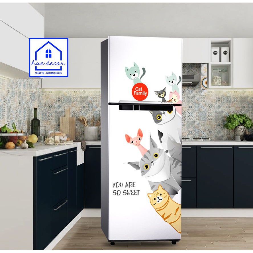 Decal chuyên dụng dán tủ lạnh -máy lạnh - máy giặt siêu đẹp Gia đình mèo HUE DECOR-siêu bền đủ kích thước
