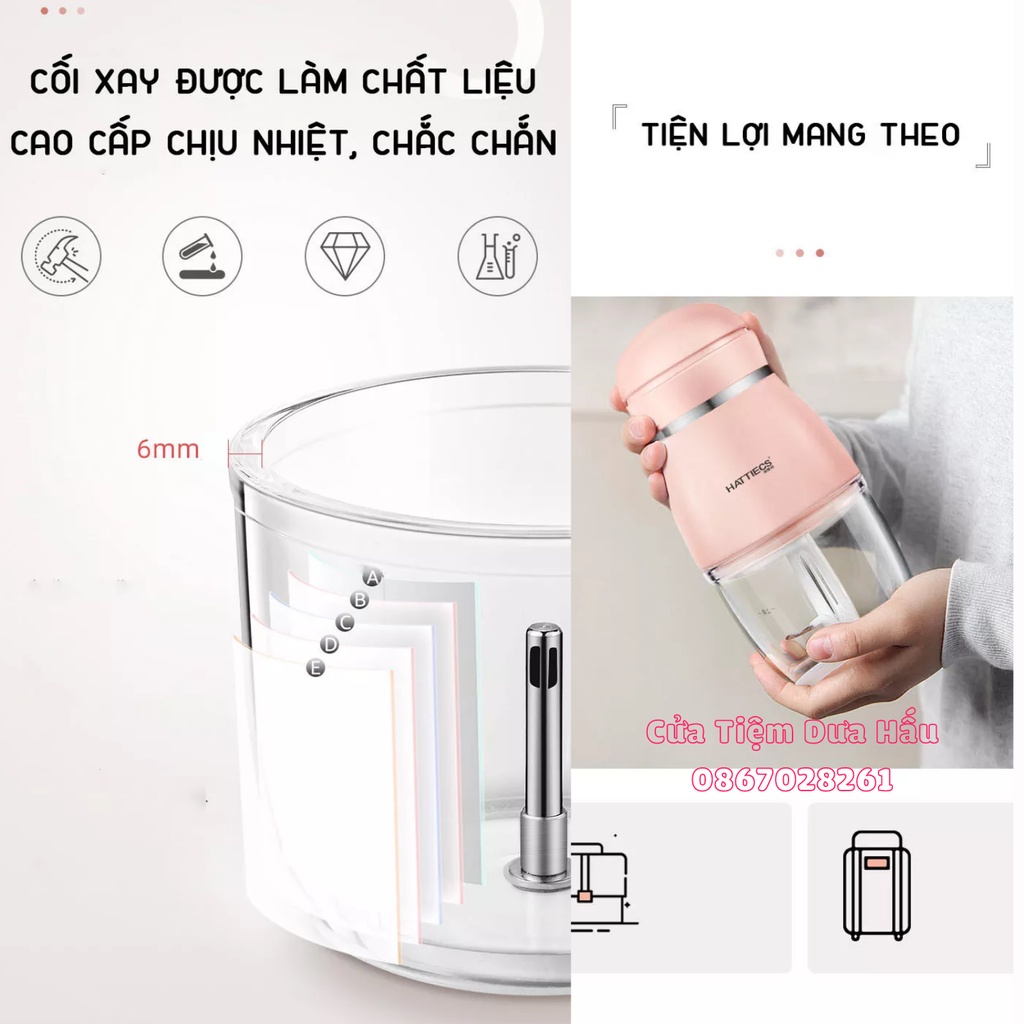 Máy xay cầm tay 1 cối thủy tinh,dao 6 lưỡi, Máy xay đồ ăn dặm cho bé Hattiecs - Baby Galaxy Official