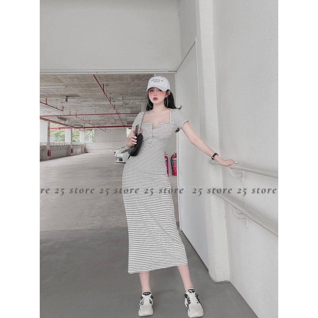 Đầm body dáng dài maxi nữ sọc vằn có cúc chất thun gân dày mịn - 25 STORE