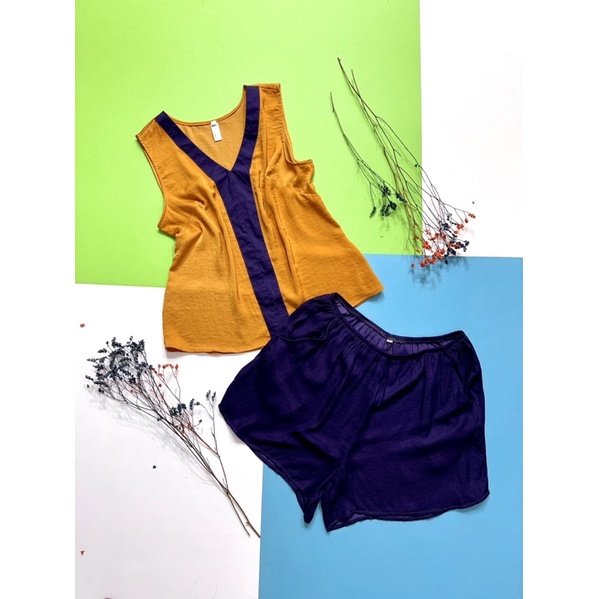 Bộ lụa đùi phối nẹp mặc nhà không tay Infashion