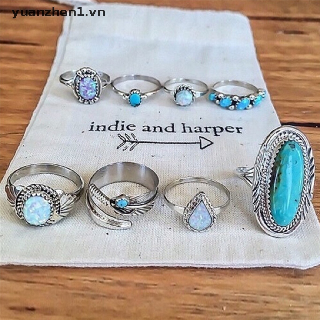 Bộ 8 Nhẫn Bạc Đính Đá Opal Phong Cách Bohemian Cho Nữ