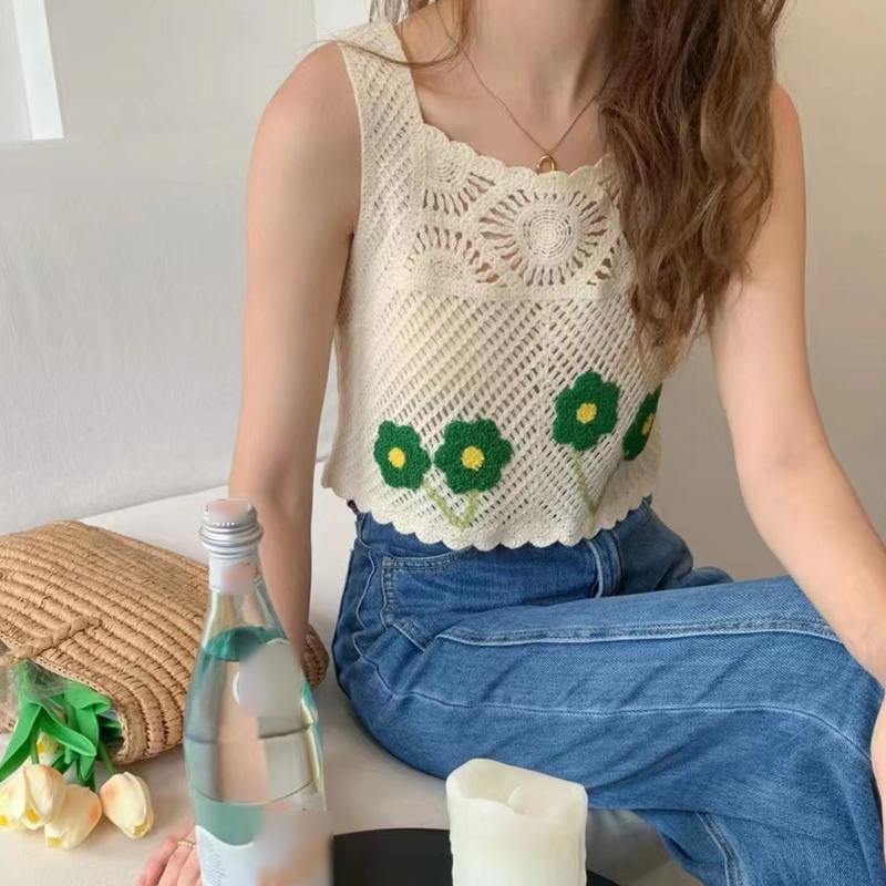 Áo Croptop Dệt Kim Không Tay Thêu Họa Tiết Hoa Phong Cách Boho Dành Cho Nữ