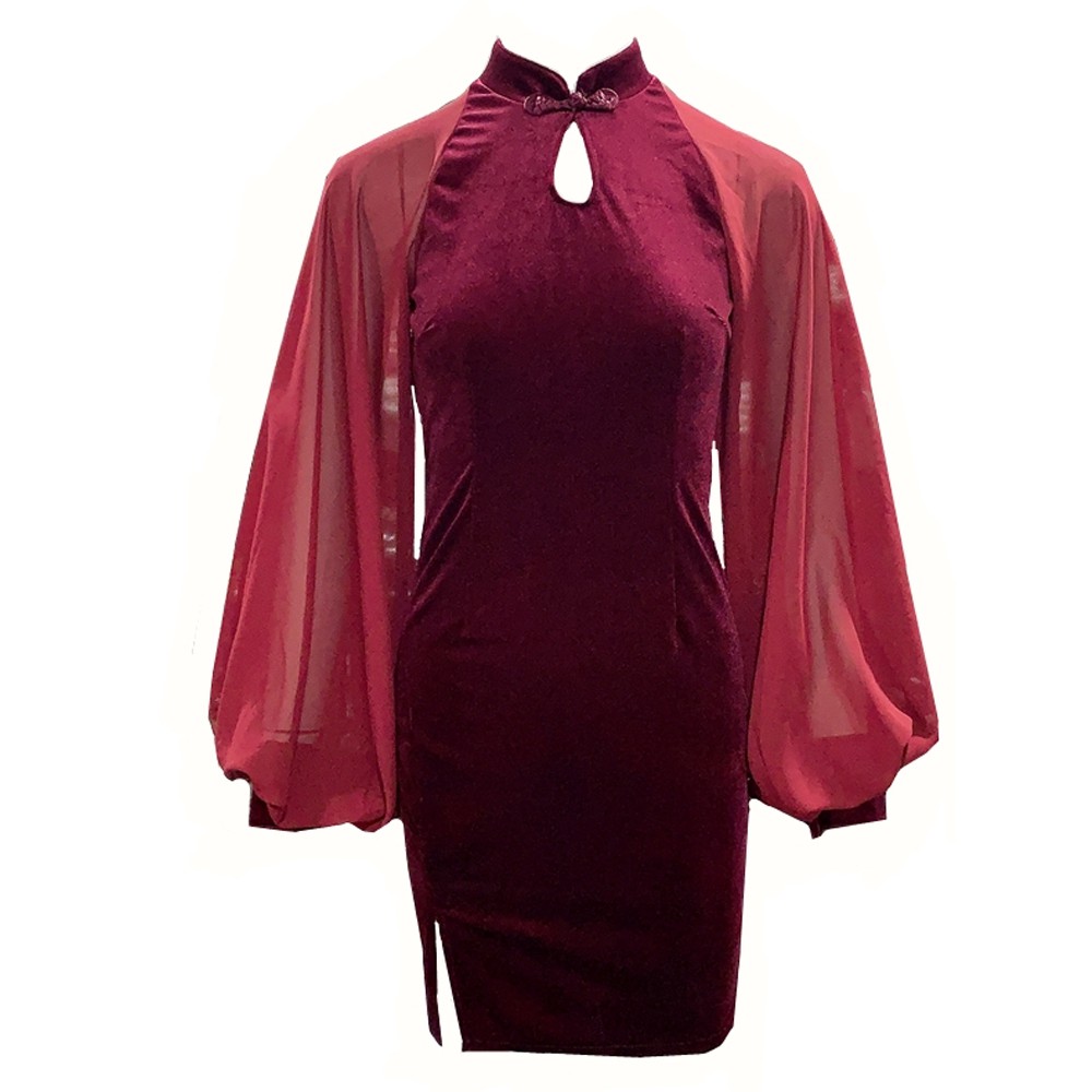 [SẴN] Sườn xám xẻ tà tay phồng (màu đỏ) | BigBuy360 - bigbuy360.vn