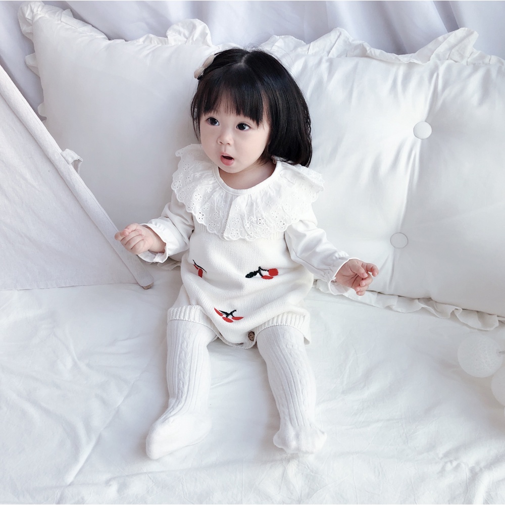 Set Đồ Mùa Xuân 0-2 Tuổi Gồm Áo Tay Dài Thêu Hình Quả Cherry Dễ Thương + Váy Ha