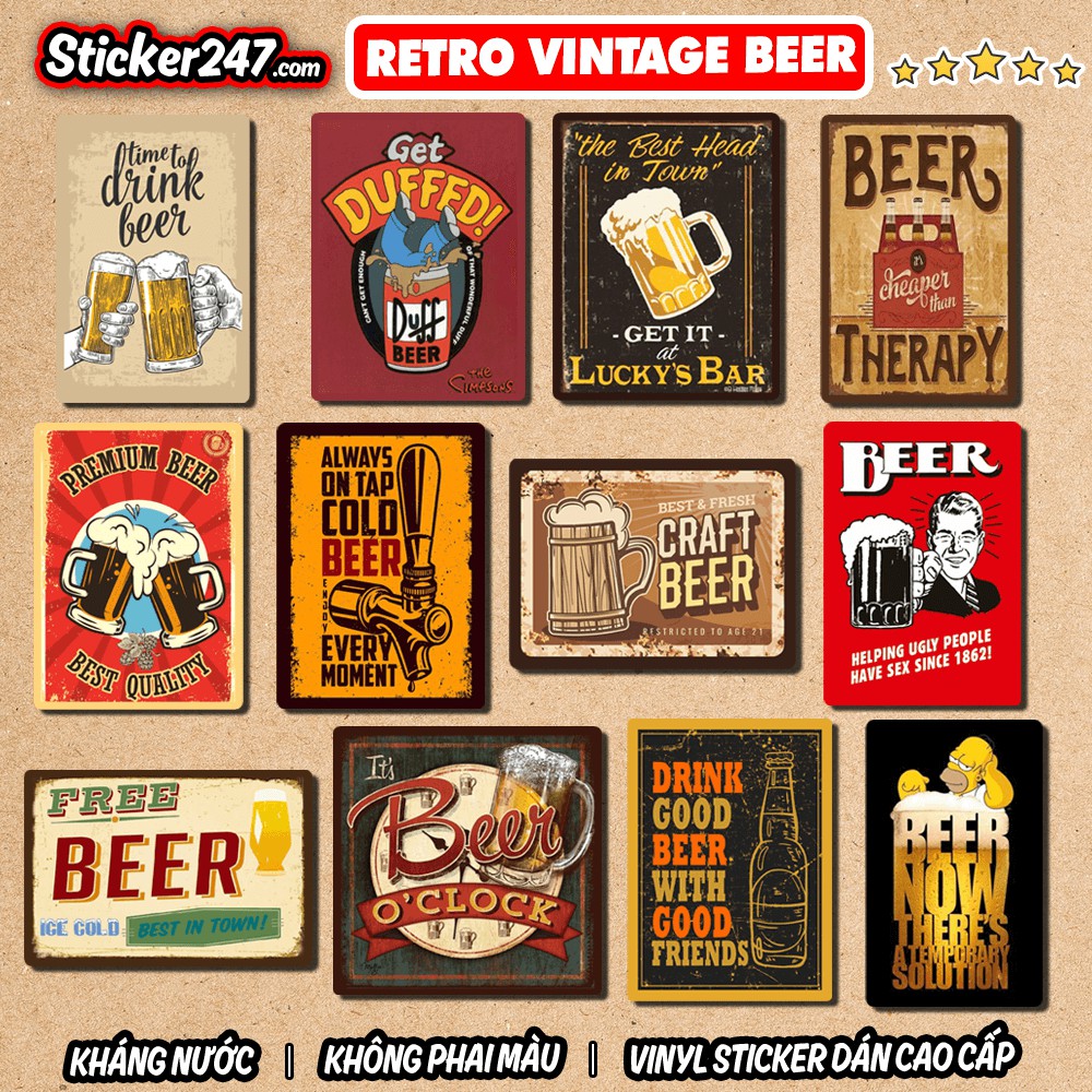 Sticker Chủ đề Beer 🌈𝑭𝒓𝒆𝒆𝒔𝒉𝒊𝒑 Retro Vintage chống nước, sticker dán laptop, ipad, mũ bảo hiểm,vali, decor